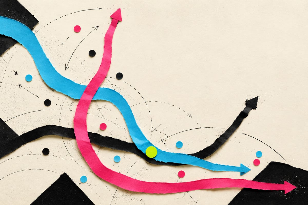 Cyan, pink and black paper arrows weave across the page like plotted rally paths, crossing at a lime marker