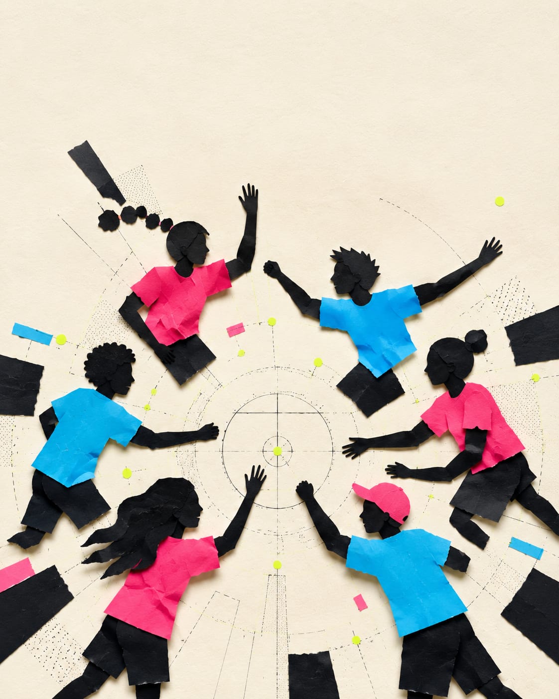 Six paper-cut players in cyan and pink celebrate together around a sketched court
