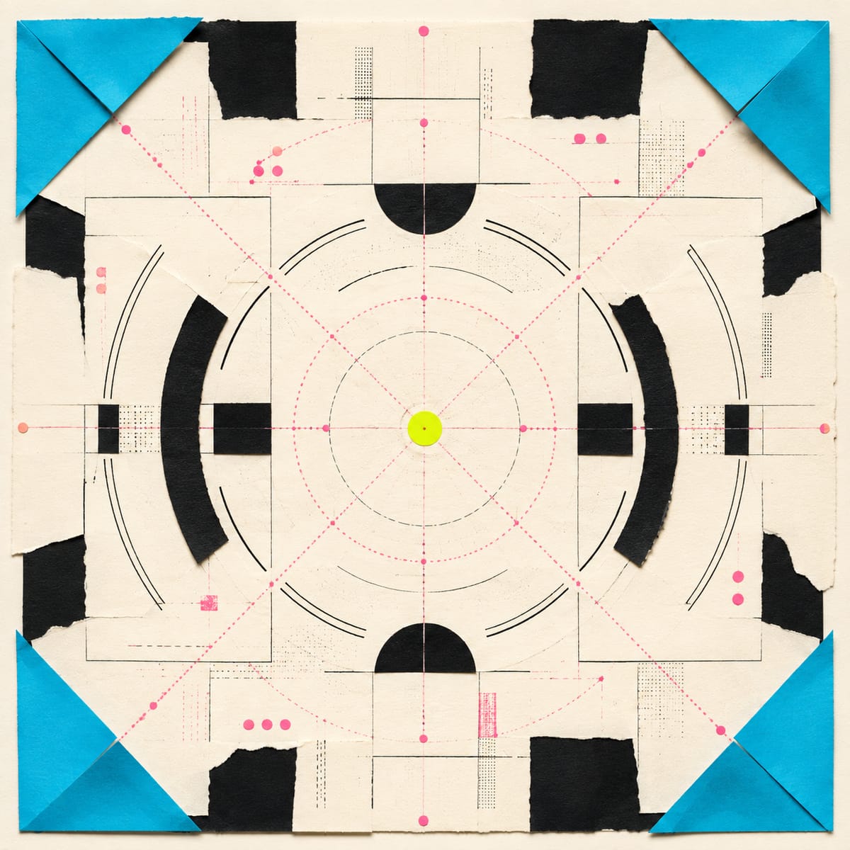 Symmetrical paper court diagram with cyan corner triangles converging on a lime centre spot