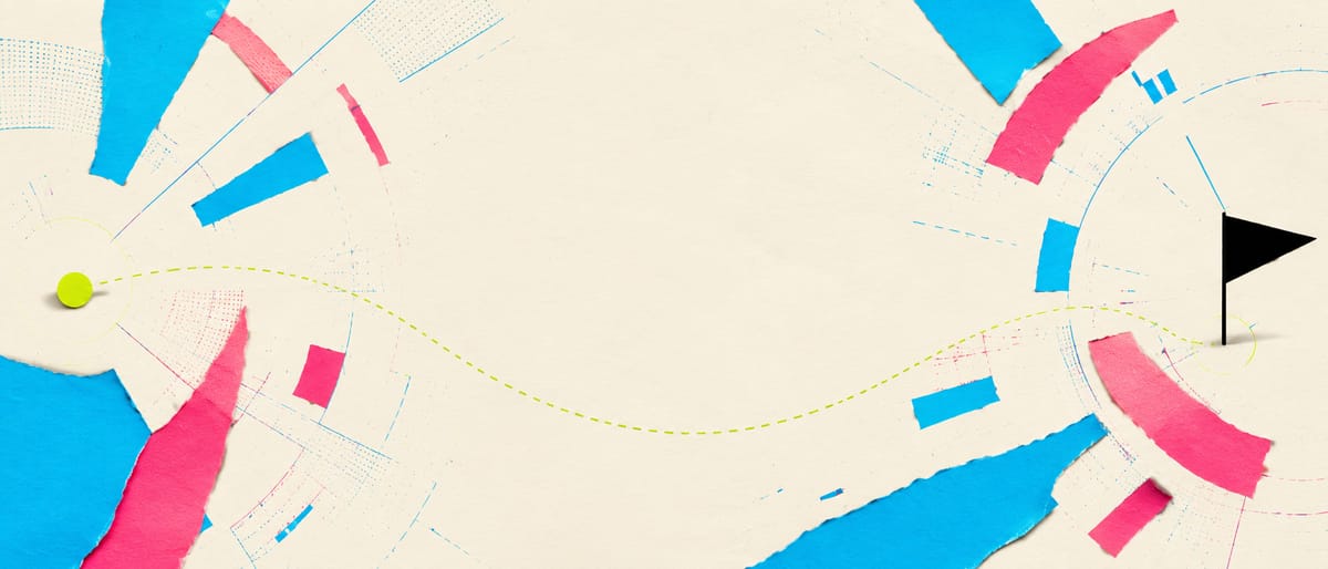A lime ball’s dotted flight path arcs across torn cyan and pink paper towards a black corner flag