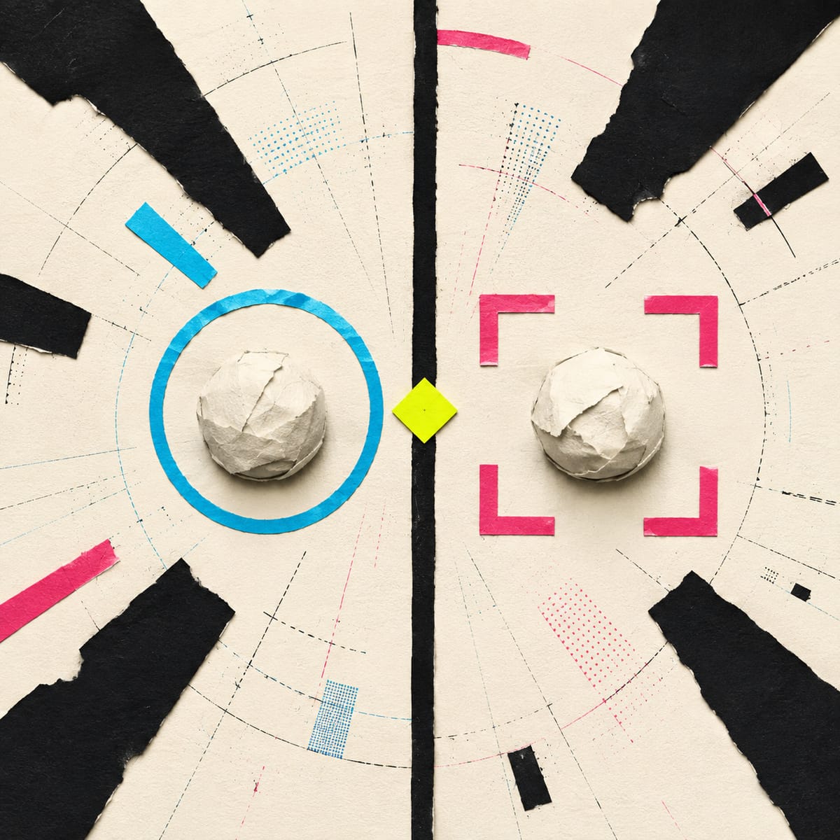 Two crumpled paper balls side by side — one ringed in confident cyan, one framed by pink review brackets