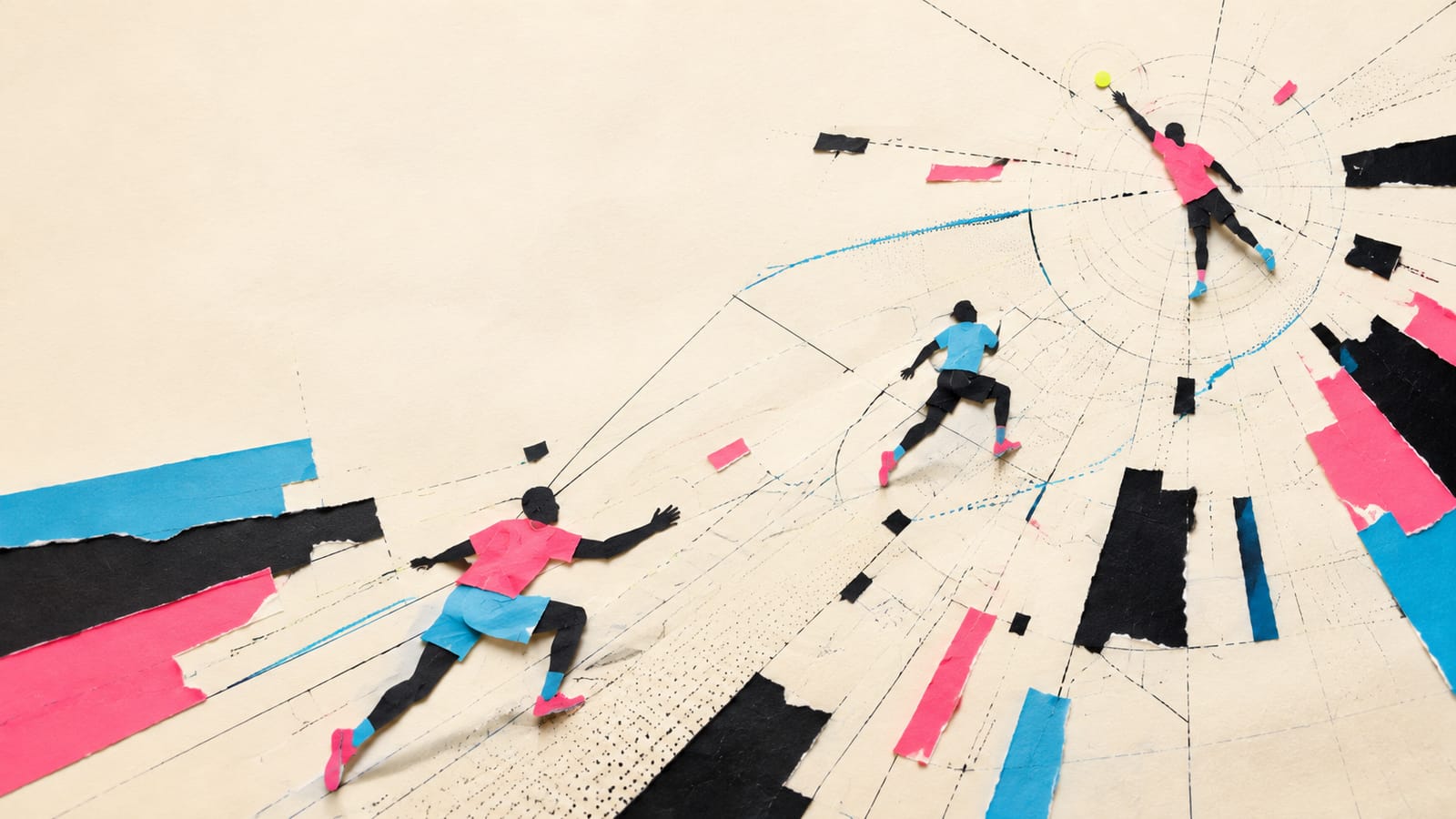 Paper-collage players in cyan and pink chase a lime ball across a torn-paper court