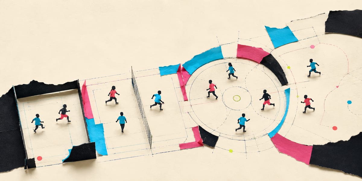 A run of paper court diagrams — box, rectangle and circle — with tiny cut-out players moving between them