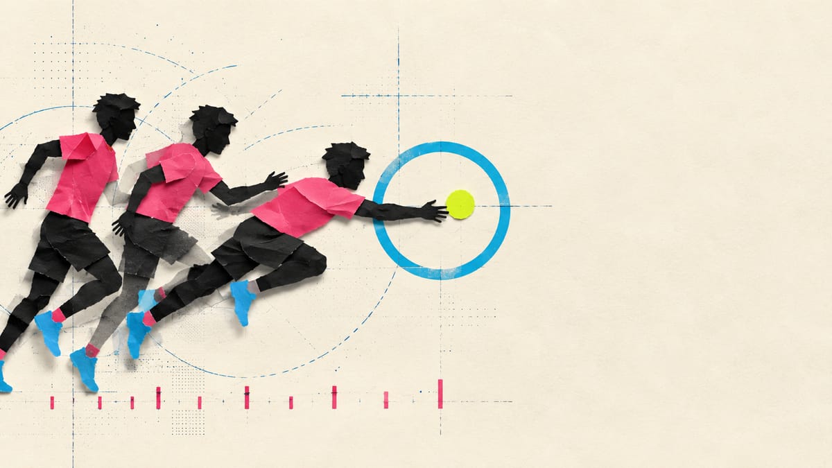 A sprinting player repeated in three stop-motion paper frames, reaching for a ball inside a cyan circle