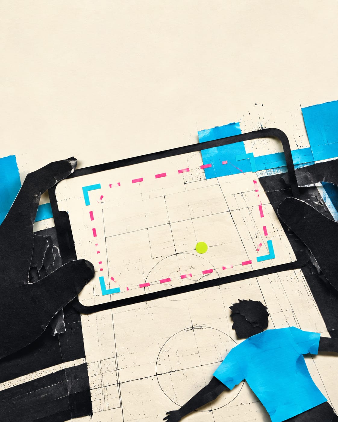 Paper-cut hands hold a phone framing a sketched court, with cyan corner cues and a dashed pink frame