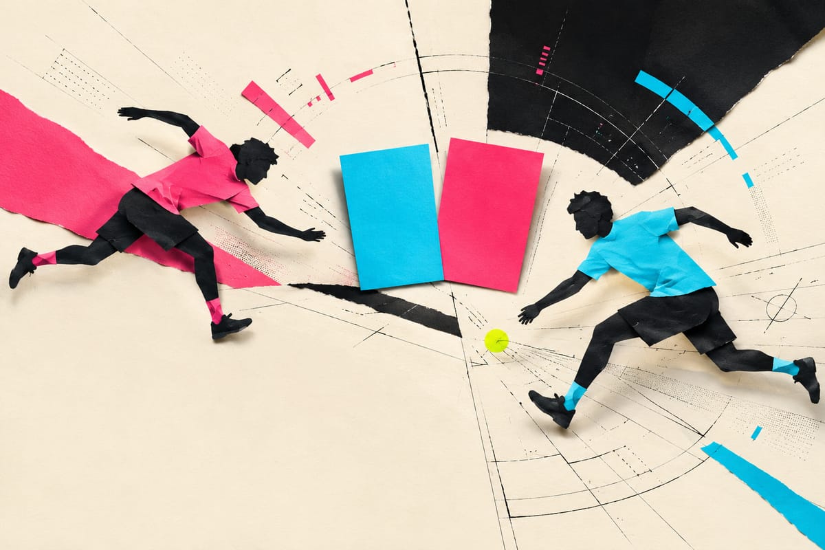 Two paper players dive towards a lime ball between raised cyan and pink score cards