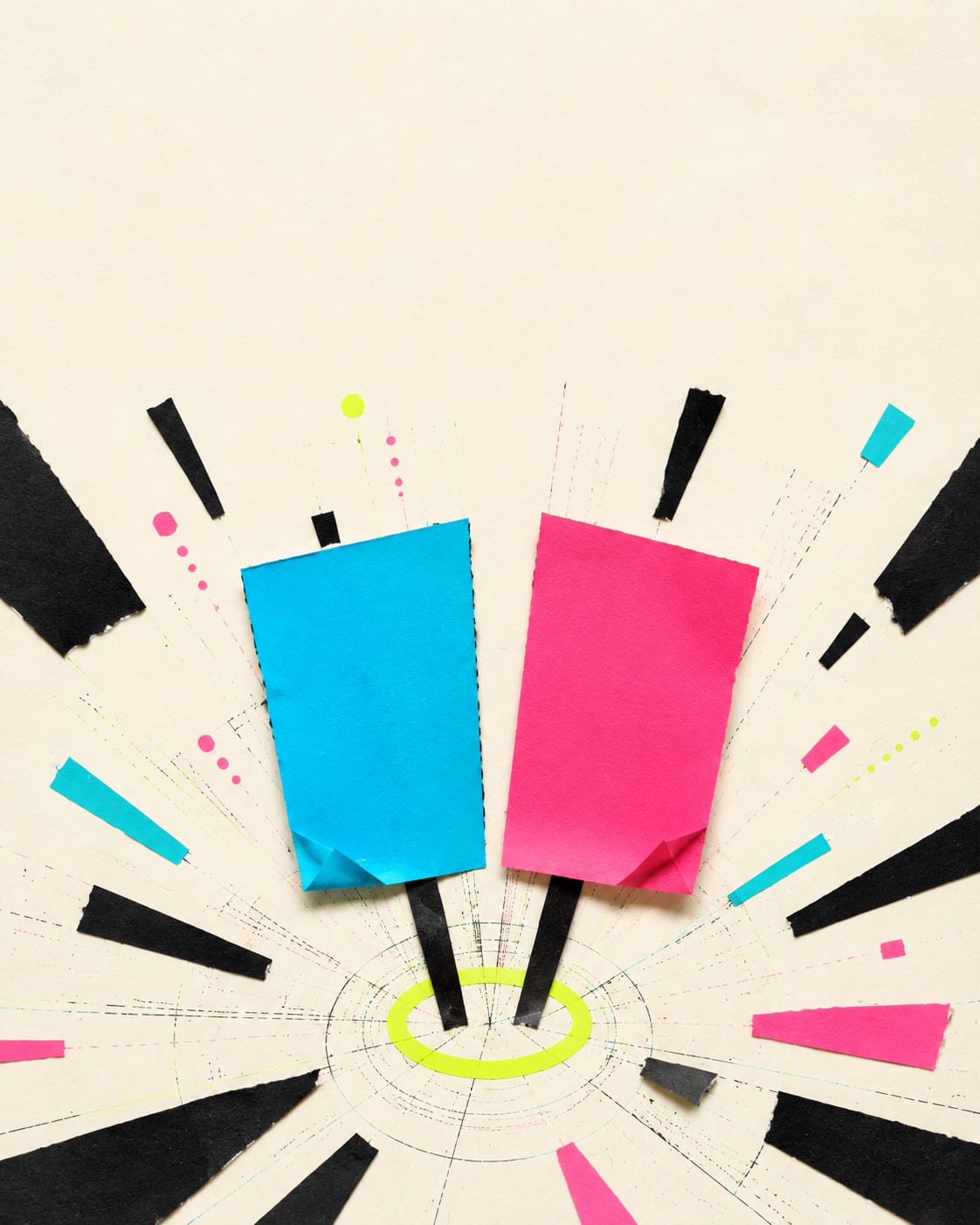 Cyan and pink score cards burst upwards from a lime ring like a finished-match celebration